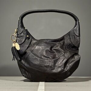 Carlos Falchi Chi Black Leather Hobo Bag with Gold Accents